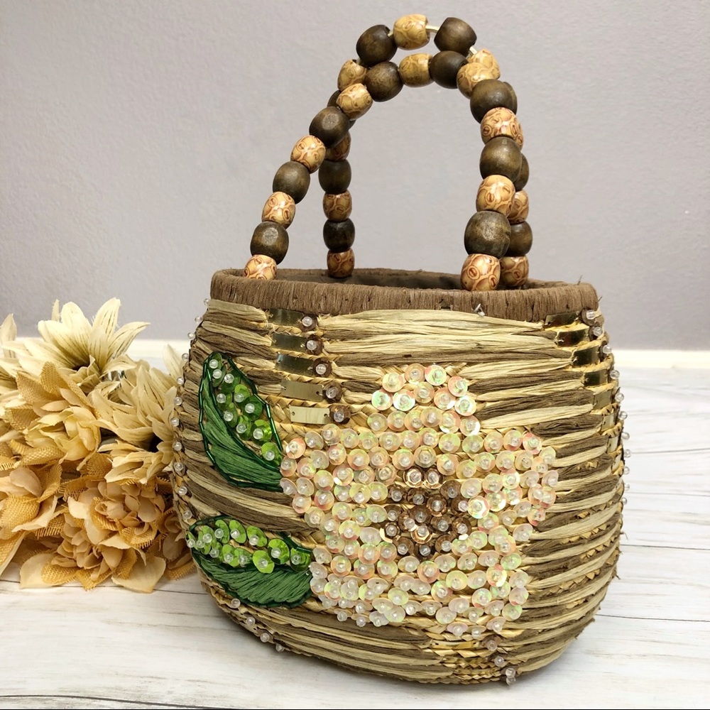 Round Straw Top Handle Purse Sequin Beaded Floral